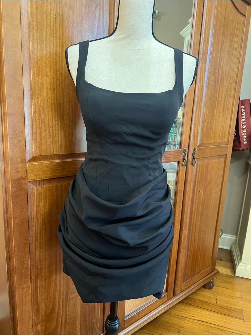 Square Neck Black Satin-Trim Mini Dress - Picture 2 of 10
